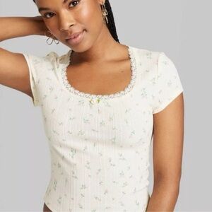 wild fable Off-White Floral Lace-Trim Pointelle Ribbed T-Shirt